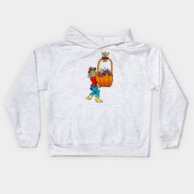 Scarecrow with Pumpkin Harvest Basket Kids Hoodie by Art by Deborah Camp